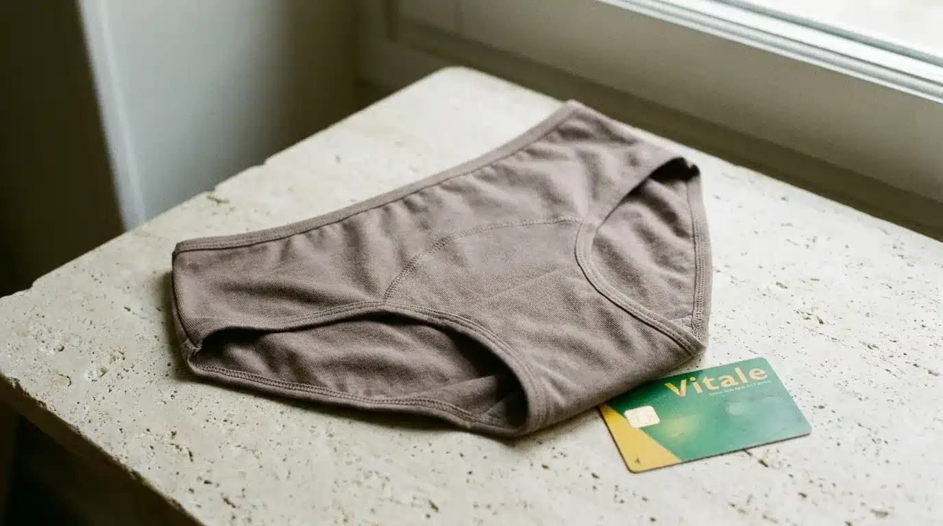 Culotte menstruelle réutilisable posée à côté d'une carte Vitale sur une surface claire