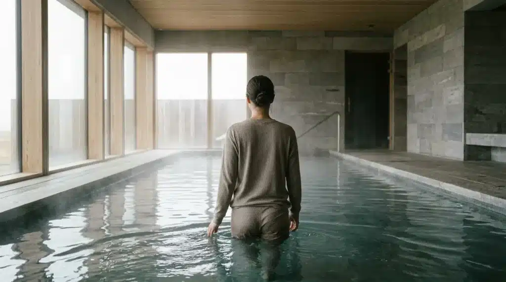 Personne en tenue détendue dans une piscine thermale d'un établissement agréé, lumière naturelle tamisée