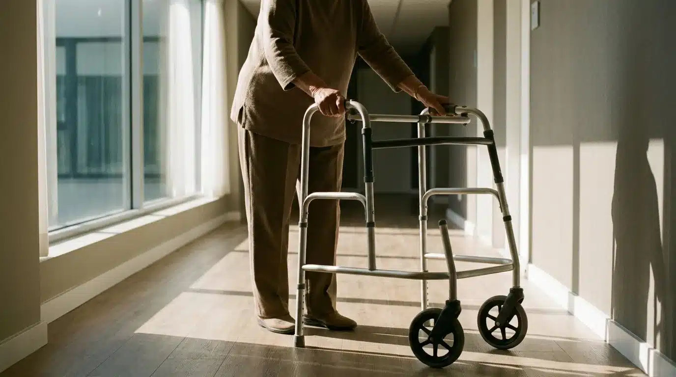 Personne âgée utilisant un déambulateur à roues dans un couloir intérieur lumineux