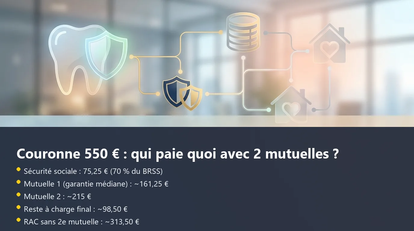 Infographie de décomposition du remboursement d'une couronne dentaire à 550 euros avec deux mutuelles