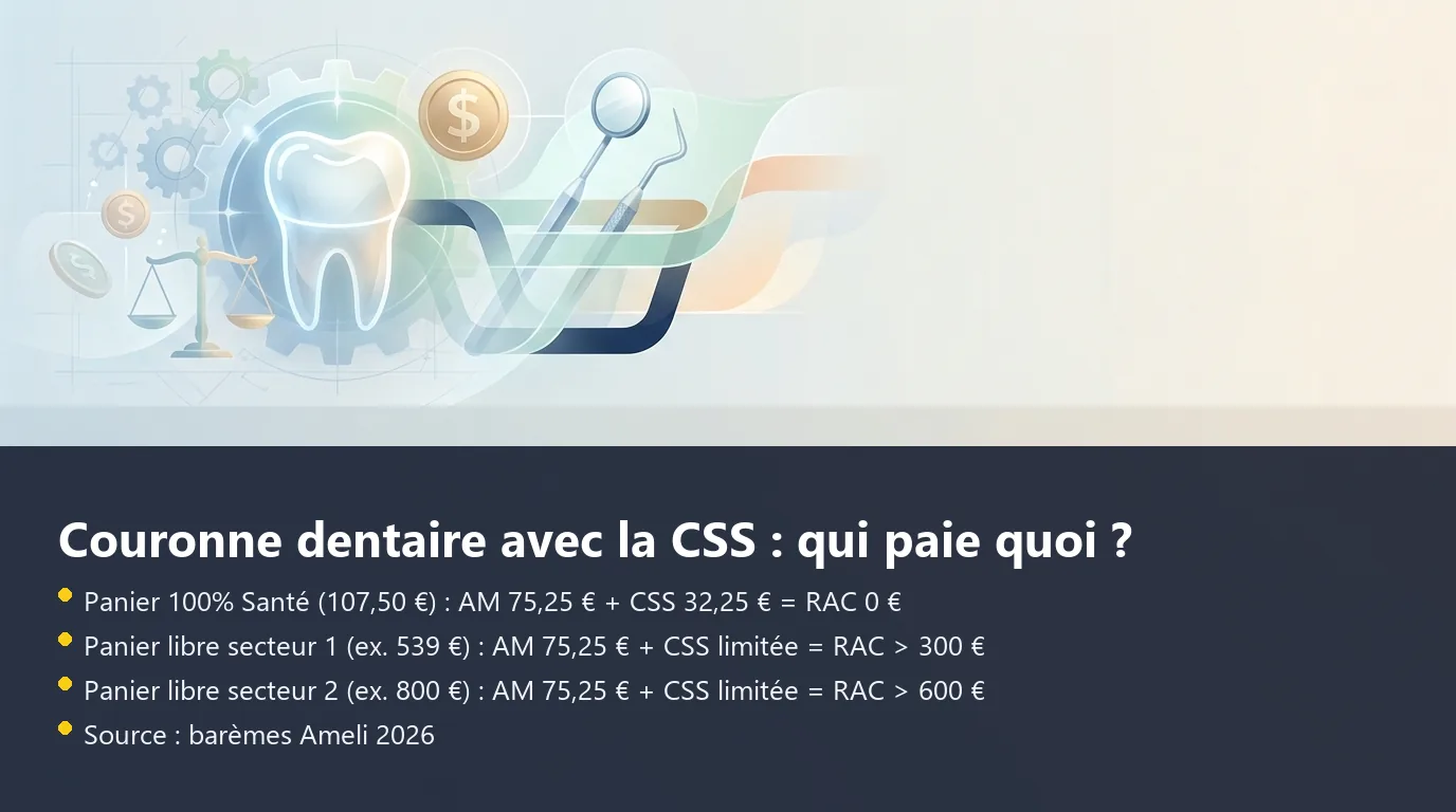 Infographie décomposant le coût d'une couronne dentaire selon le panier CSS : 100% Santé versus panier libre