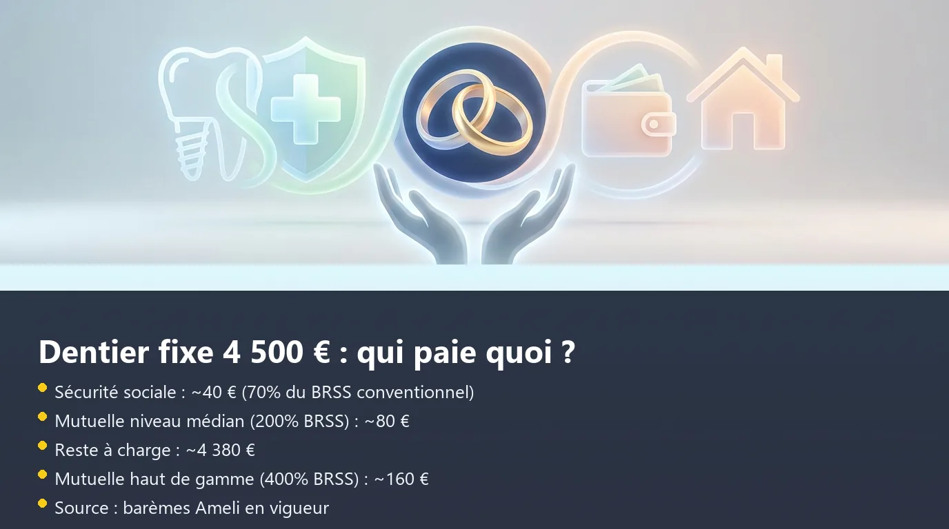 Infographie de décomposition du coût d'un dentier fixe complet à 4 500 euros entre Sécurité sociale, mutuelle et reste à charge