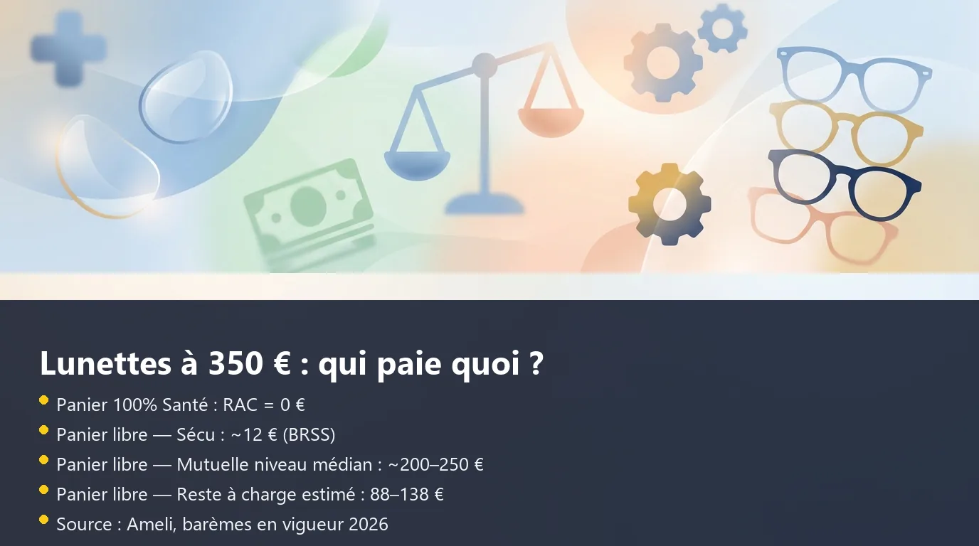 Lunettes à 350 € : qui paie quoi selon le panier choisi Décomposition du coût de lunettes à 350 euros selon le panier 100% Santé ou le panier libre