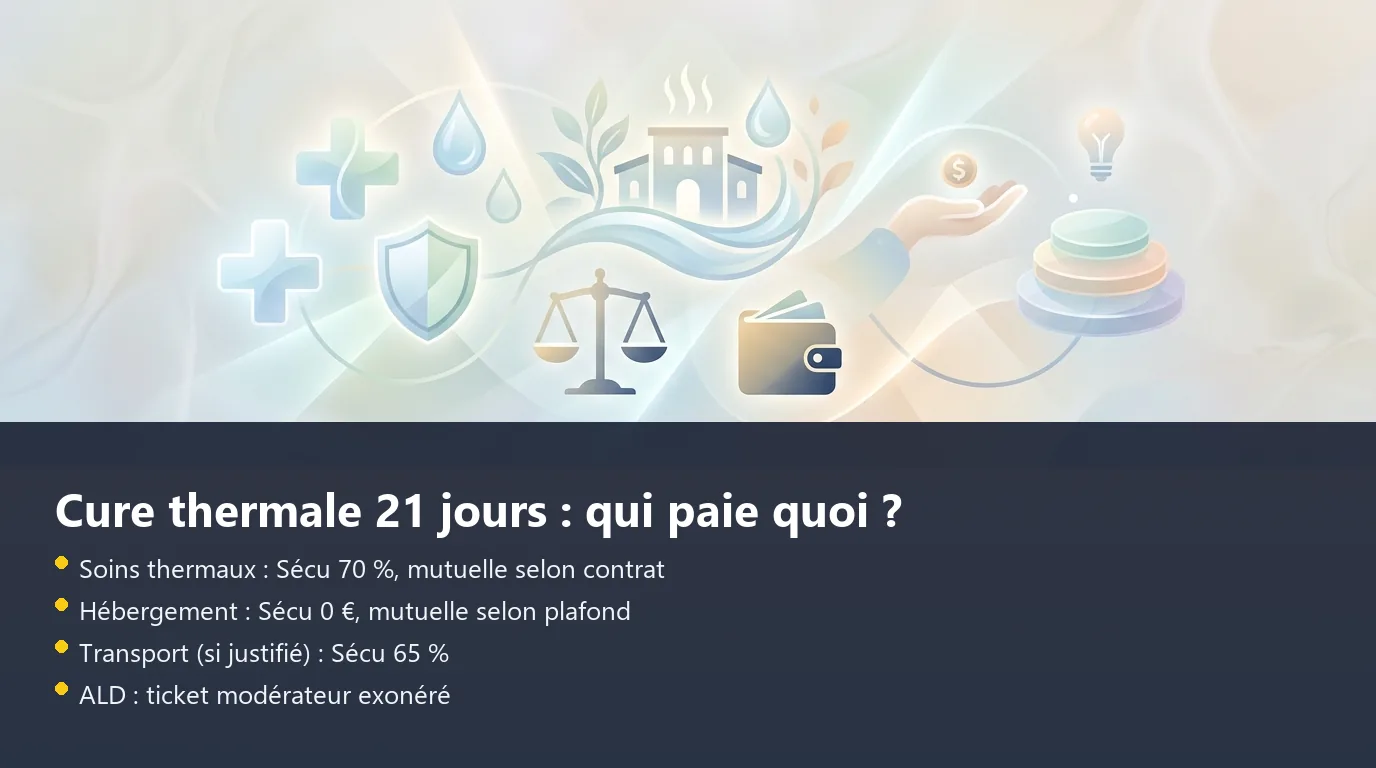 Cure thermale 21 jours : répartition des frais Infographie décomposant les frais d'une cure thermale de 21 jours entre Sécurité sociale, mutuelle et reste à charge