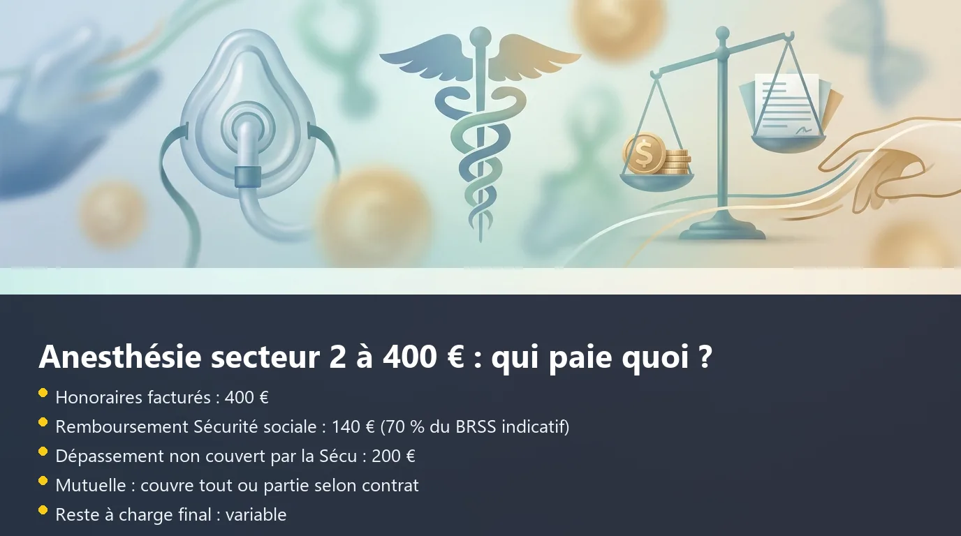 Infographie décomposant le remboursement d'une anesthésie en secteur 2 entre Sécurité sociale, mutuelle et reste à charge