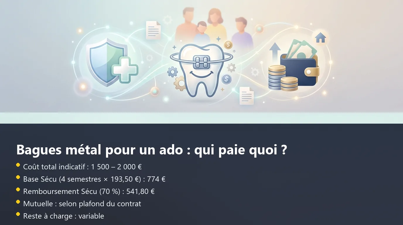 Décomposition du remboursement des bagues métalliques pour un adolescent entre Sécurité sociale, mutuelle et reste à charge