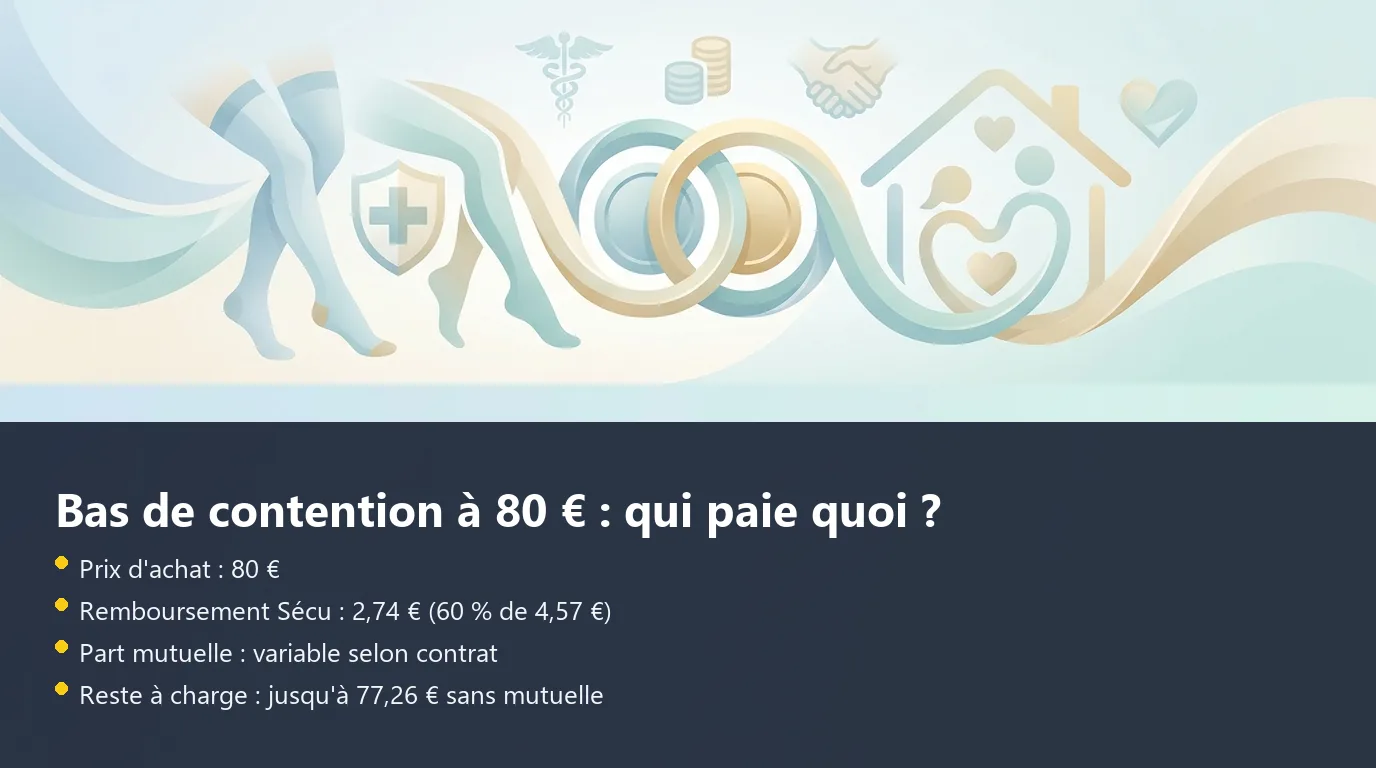 Infographie décomposant le remboursement d'un bas de contention classe 2 à 80 euros entre Sécurité sociale, mutuelle et reste à charge