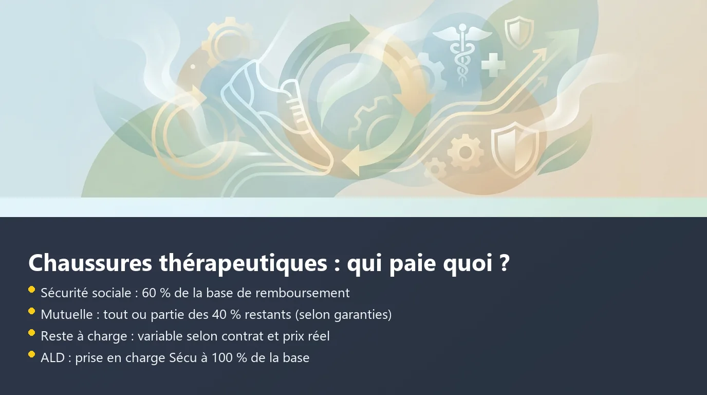 Infographie décomposant le remboursement des chaussures thérapeutiques entre Sécurité sociale, mutuelle et reste à charge