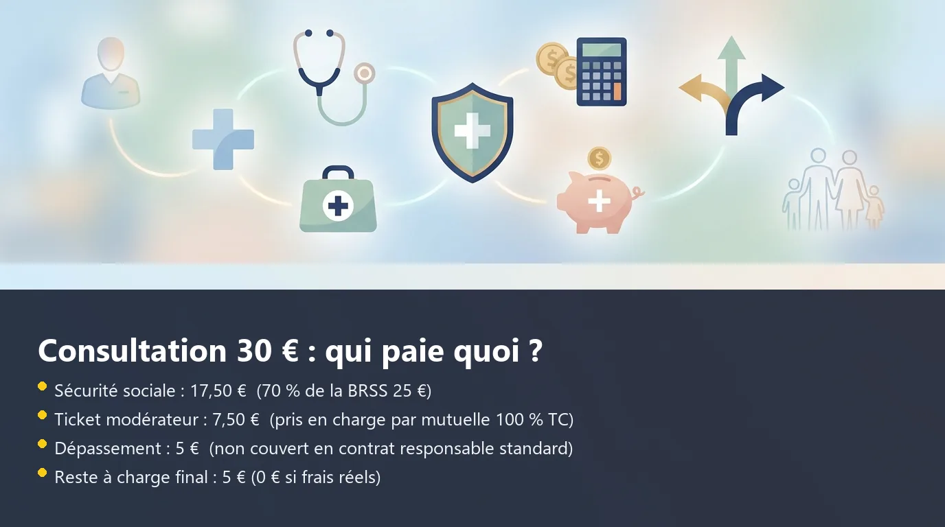 Infographie décomposant le remboursement d'une consultation à 30 € entre Sécurité sociale, mutuelle et reste à charge