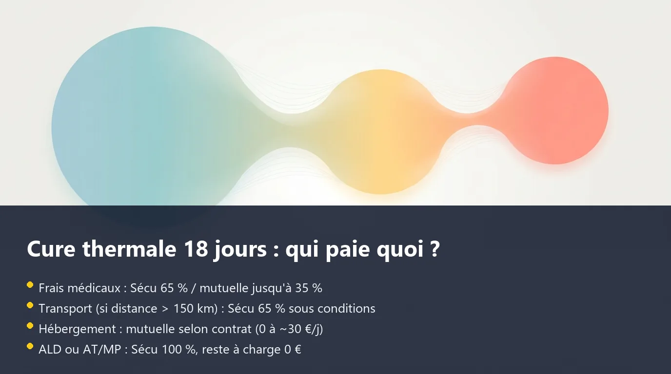 Cure thermale 18 jours : qui paie quoi ? Infographie décomposant le financement d'une cure thermale de 18 jours entre Sécurité sociale, mutuelle et reste à charge