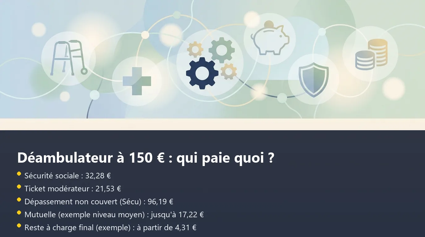 Déambulateur à 150 € : qui paie quoi ? Infographie montrant la décomposition du remboursement d'un déambulateur à 150 euros entre Sécurité sociale, mutuelle et reste à charge