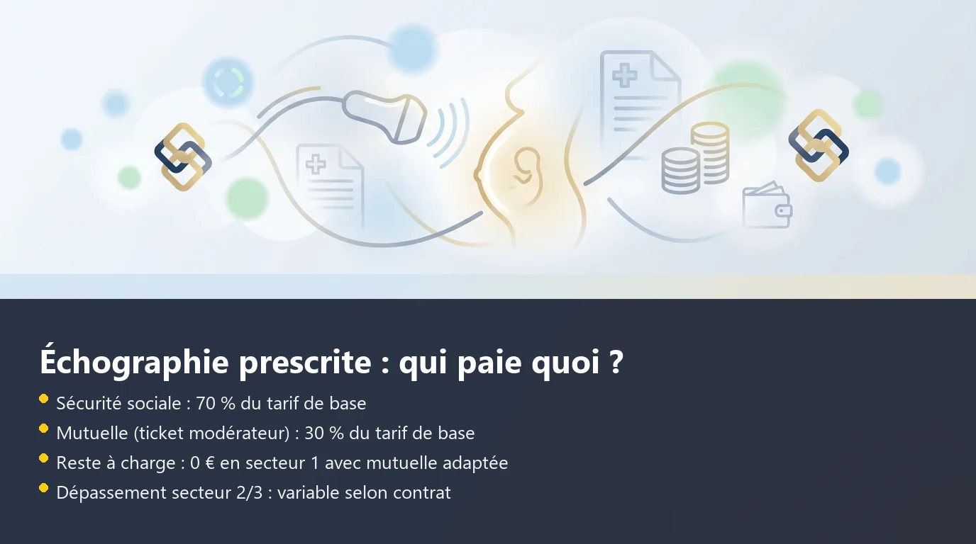 Échographie prescrite : qui paie quoi ? Infographie montrant la répartition du remboursement d'une échographie prescrite en secteur 1 entre Sécurité sociale, mutuelle et reste à charge
