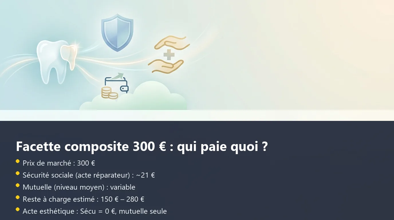 Schéma de décomposition du coût d'une facette composite à 300 € entre Sécurité sociale, mutuelle et reste à charge