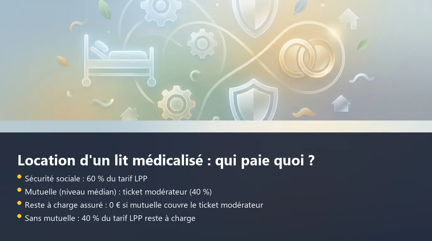 Infographie décomposant le remboursement d'un lit médicalisé en location entre Sécurité sociale, mutuelle et reste à charge
