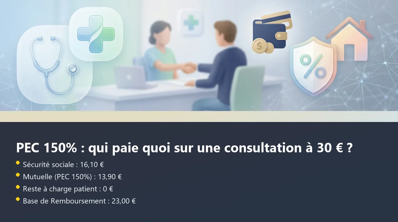 Infographie décomposant le remboursement d'une consultation à 30 euros avec une PEC mutuelle à 150%