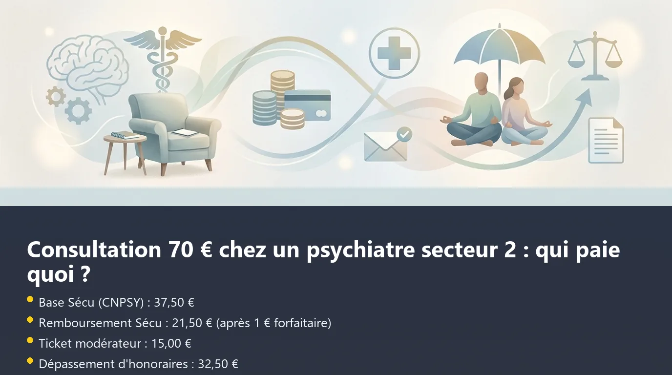 Consultation psychiatre 70 € : répartition Sécu, ticket modérateur, dépassement Infographie décomposant le remboursement d'une consultation chez un psychiatre secteur 2 à 70 euros