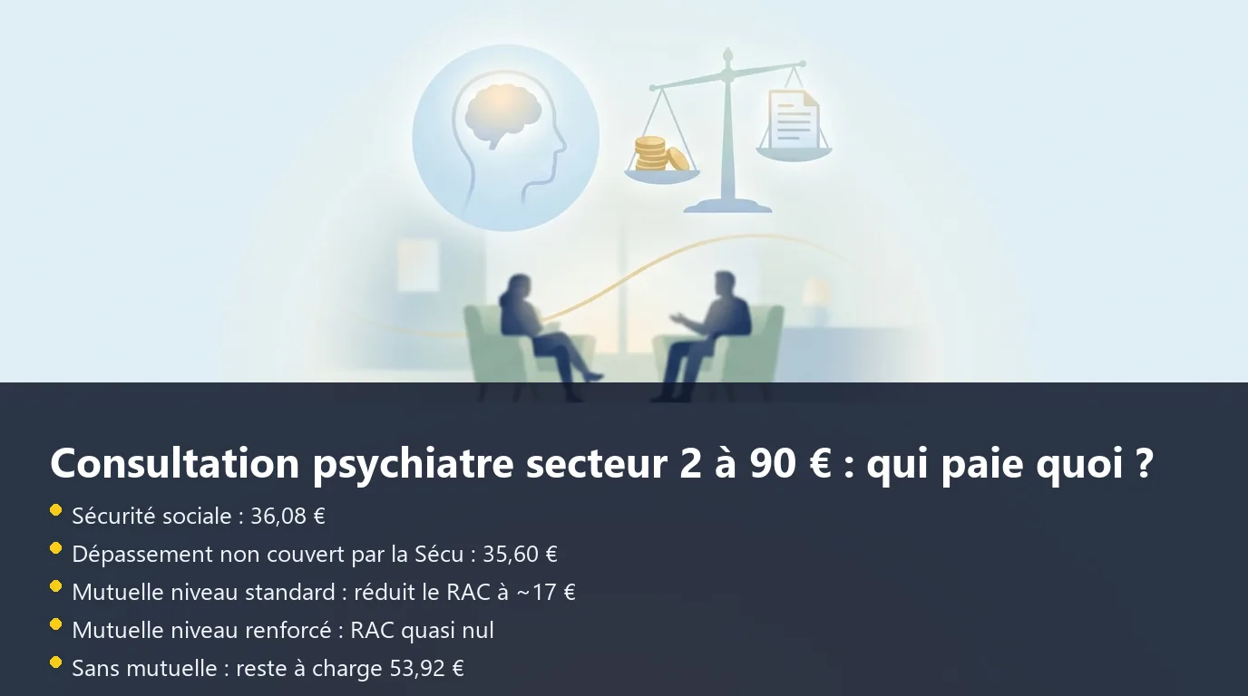 Infographie décomposant le remboursement d'une consultation psychiatre secteur 2 à 90 €, avec les parts Sécu, mutuelle et reste à charge