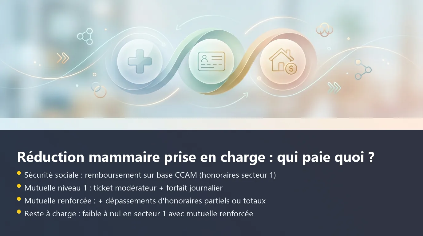 Schéma de répartition du remboursement d'une réduction mammaire entre Sécurité sociale, mutuelle et reste à charge