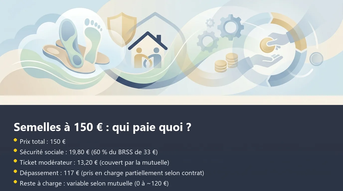 Semelles à 150 € : qui paie quoi ? Infographie décomposant le remboursement de semelles orthopédiques à 150 € entre Sécurité sociale, mutuelle et reste à charge