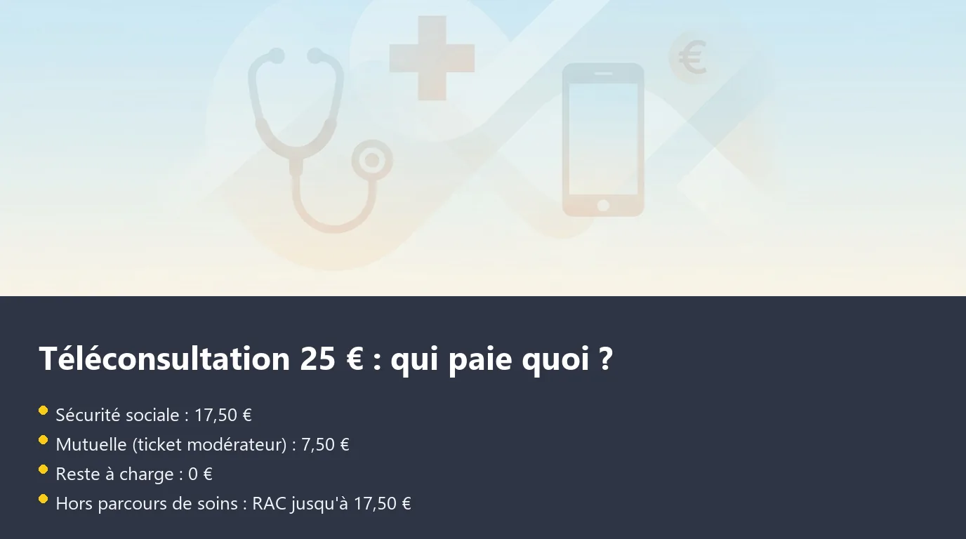 Infographie de décomposition du remboursement d'une téléconsultation à 25 euros entre Sécurité sociale et mutuelle