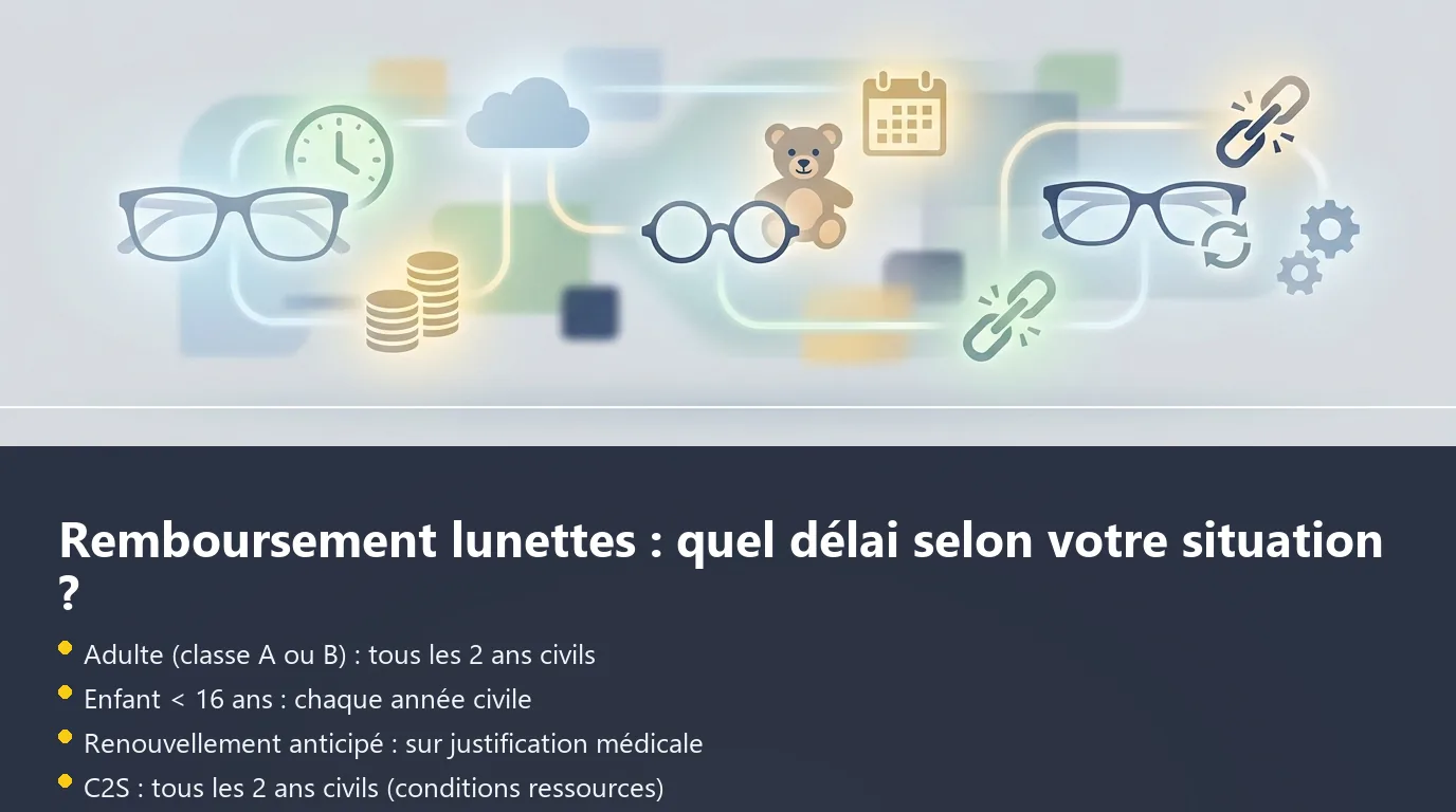 Infographie comparant les délais de remboursement lunettes selon la situation : adulte, enfant de moins de 16 ans, renouvellement anticipé et C2S