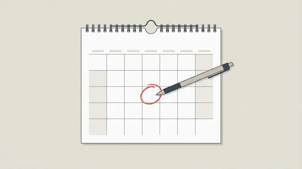 Calendrier avec une date cerclée en rouge et un stylo posé dessus, symbolisant un délai légal à respecter