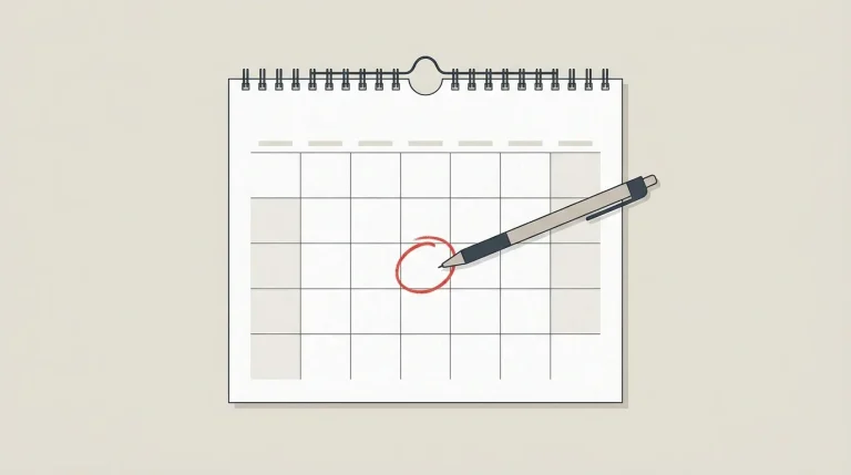 Calendrier avec une date cerclée en rouge et un stylo posé dessus, symbolisant un délai légal à respecter