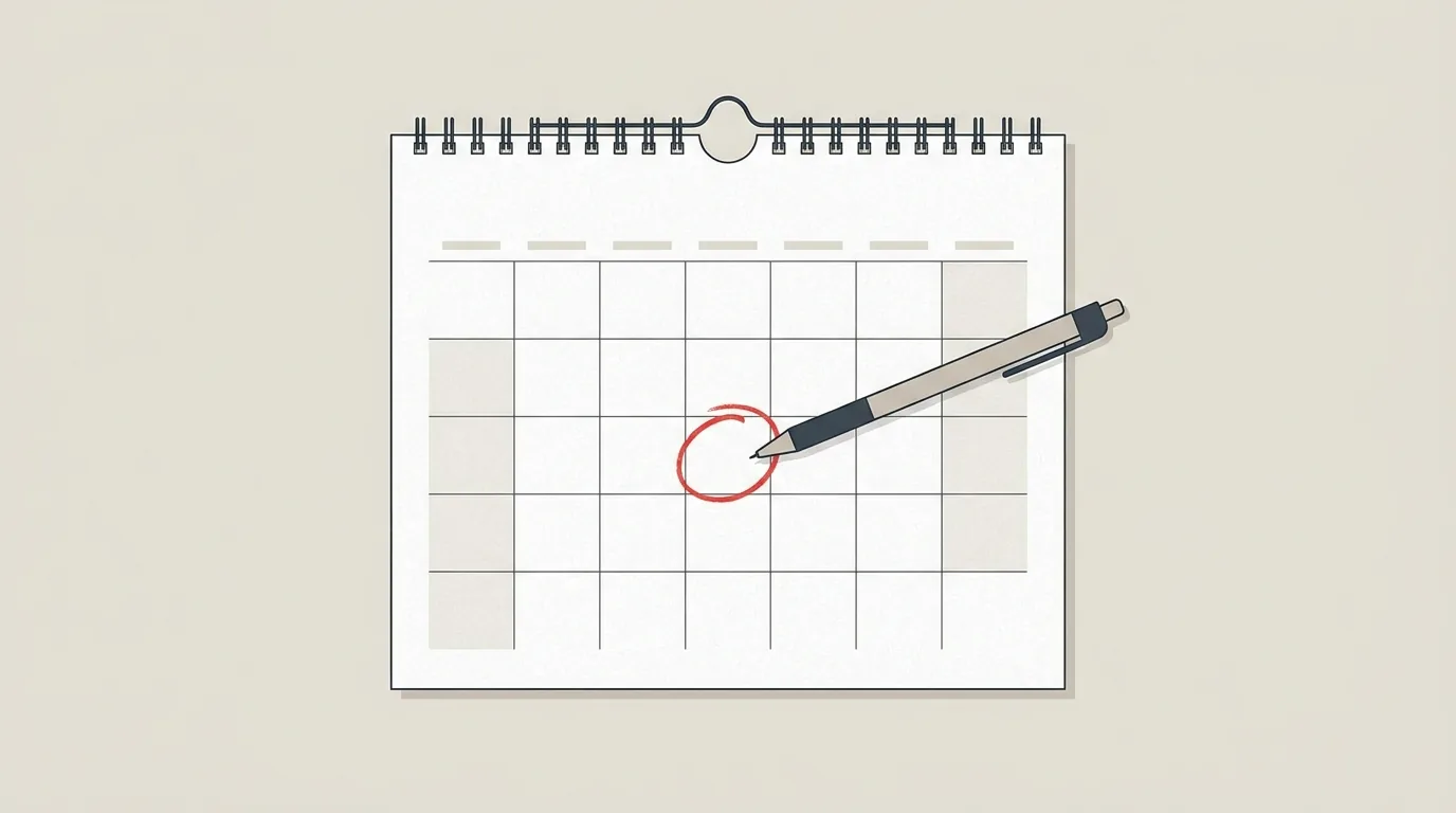 Calendrier avec une date cerclée en rouge et un stylo posé dessus, symbolisant un délai légal à respecter
