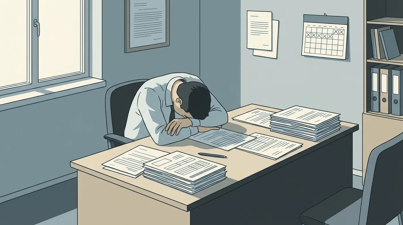 Fonctionnaire consulte ses droits administratifs avec des formulaires sur un bureau