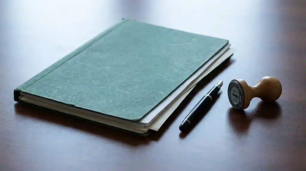 Dossier administratif médical posé sur un bureau avec stylo et tampon officiel, ambiance sobre