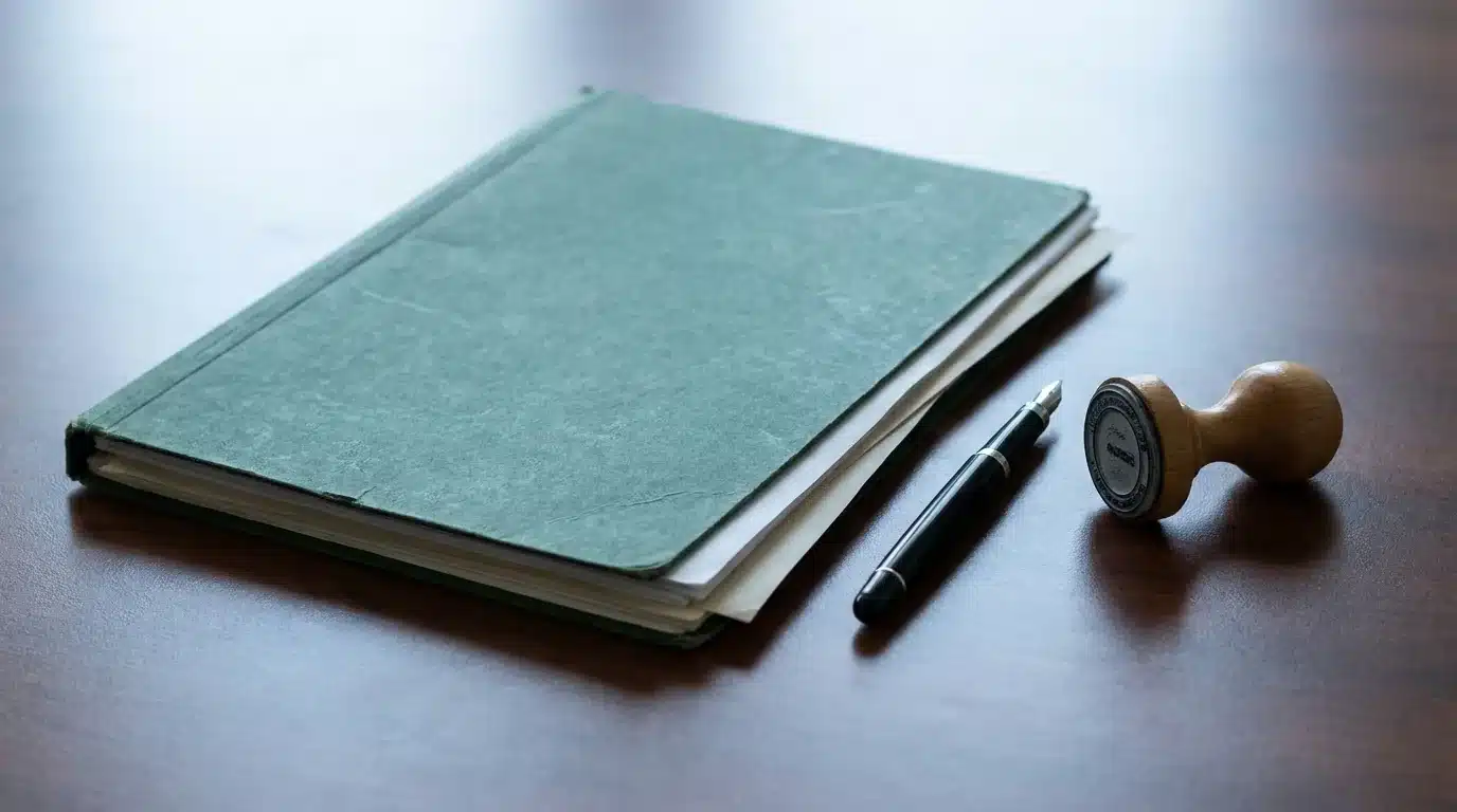 Dossier administratif médical posé sur un bureau avec stylo et tampon officiel, ambiance sobre