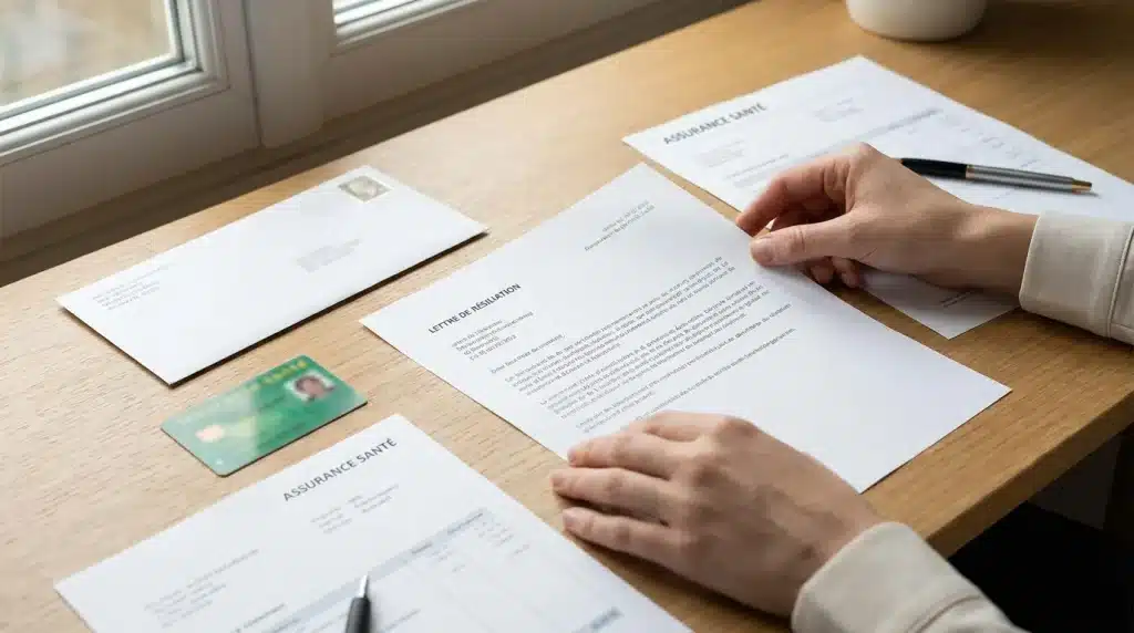 Documents administratifs et dossier de résiliation mutuelle sur un bureau professionnel