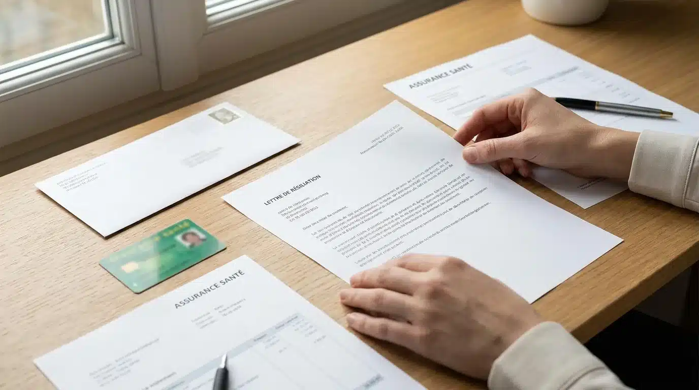Documents administratifs et dossier de résiliation mutuelle sur un bureau professionnel