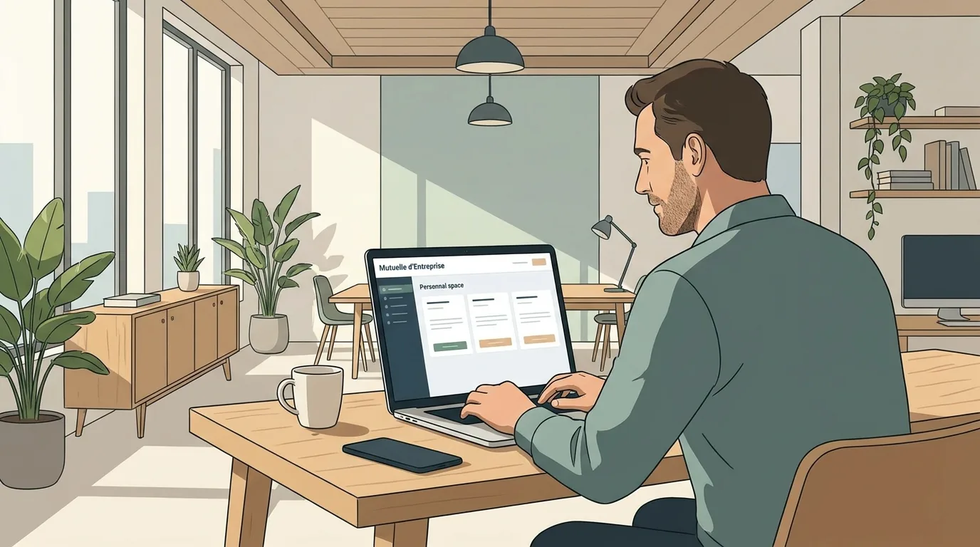 Salarié consultant son espace personnel mutuelle d'entreprise sur un ordinateur de bureau