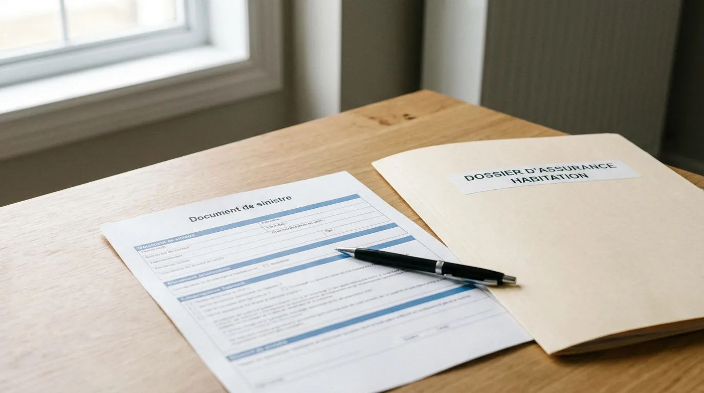 Dossier de sinistre ouvert sur un bureau avec stylo et contrat d'assurance habitation