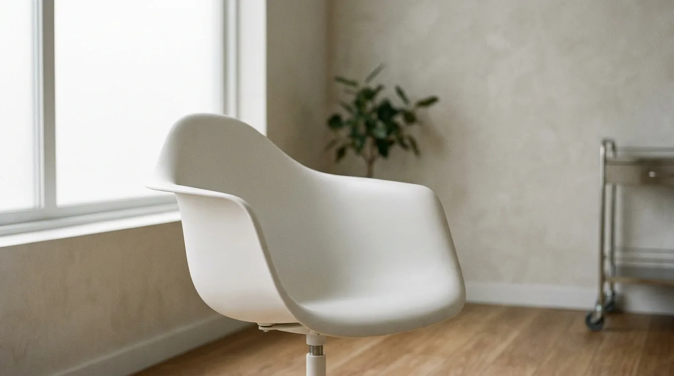 Fauteuil coquille médical blanc dans un environnement de soin sobre, vue de trois quarts