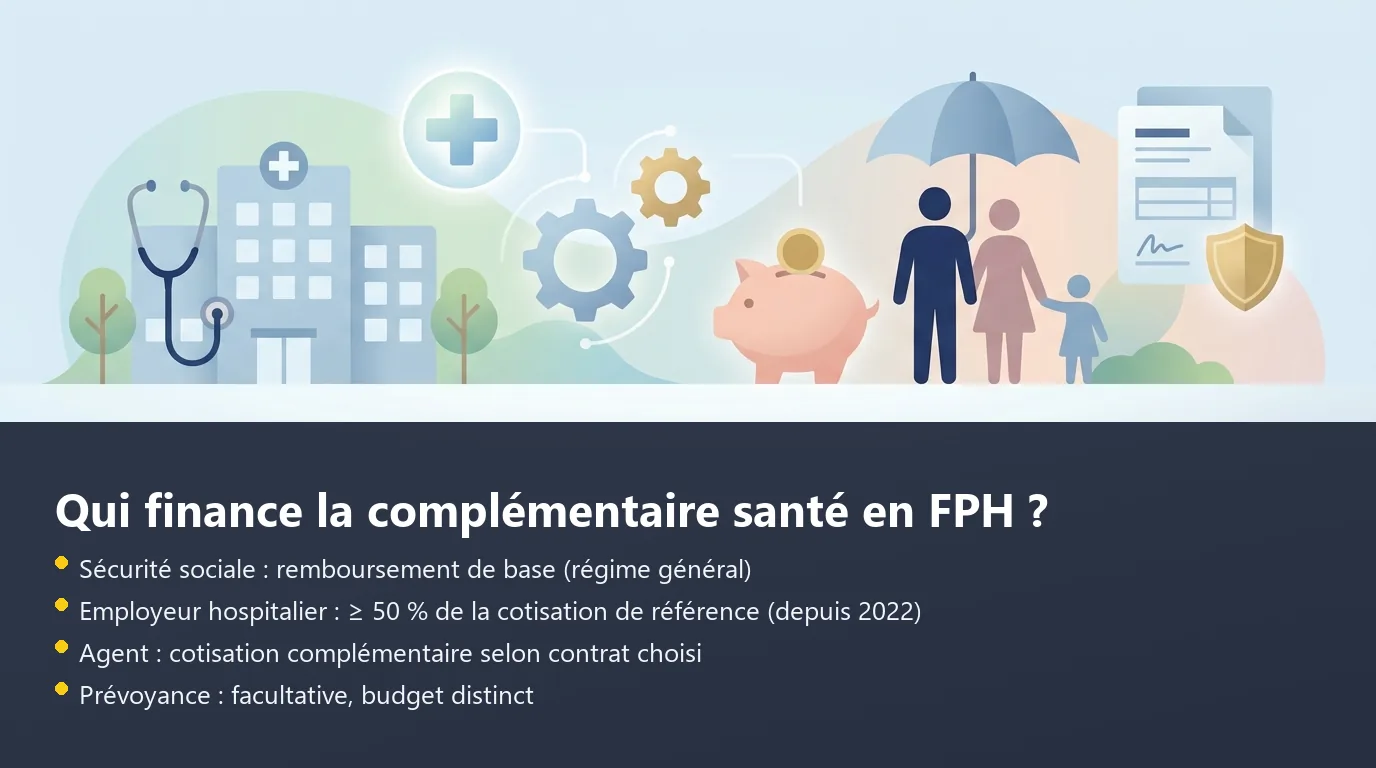 Financement complémentaire santé FPH : Sécurité sociale, employeur et agent Schéma de la répartition du financement de la complémentaire santé pour un agent de la fonction publique hospitalière