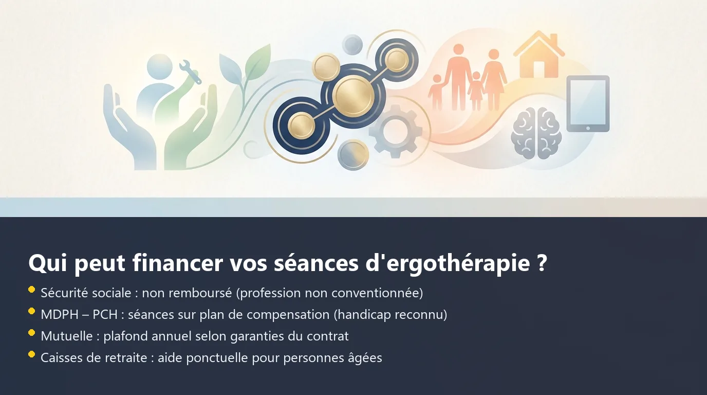 Qui peut financer vos séances d'ergothérapie ? Infographie présentant les quatre canaux de financement de l'ergothérapie en France