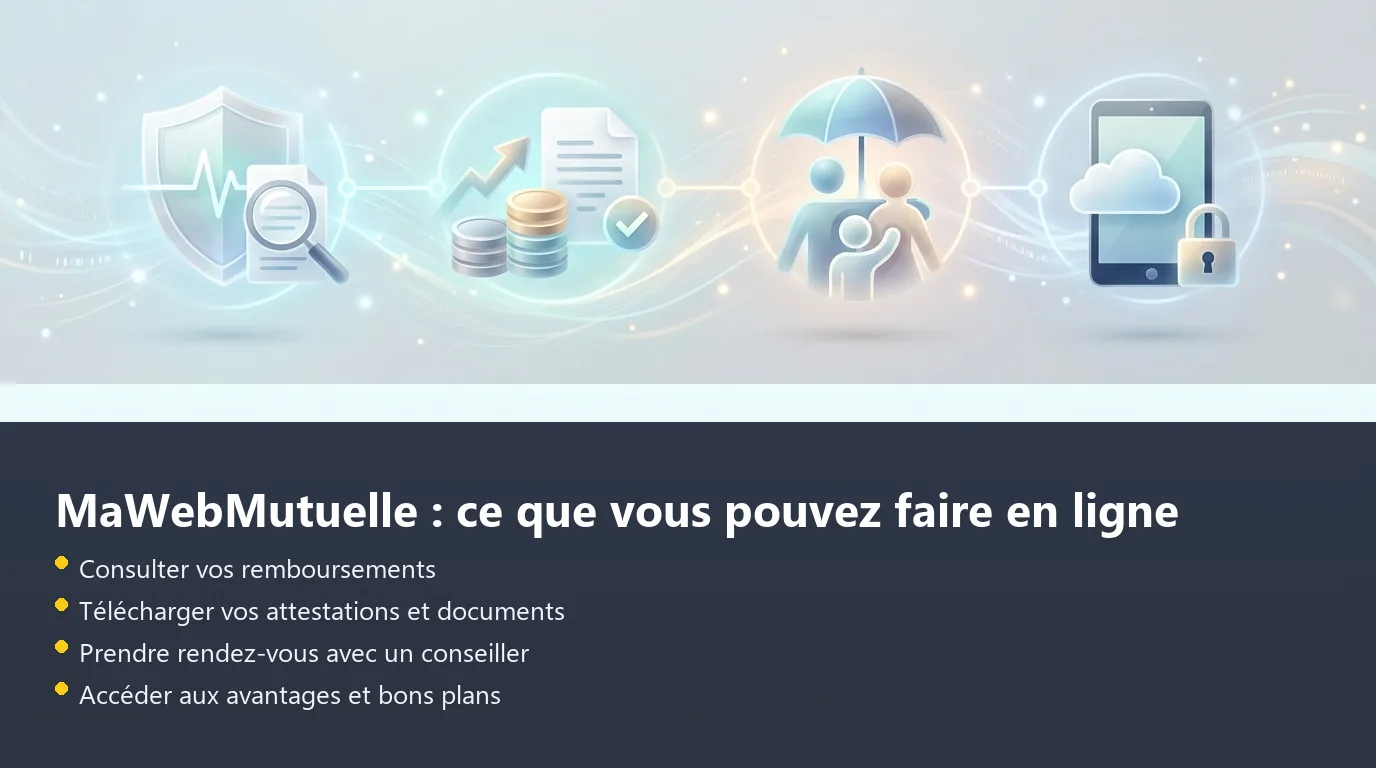 Infographie présentant les quatre fonctionnalités principales de l'espace adhérent MaWebMutuelle de Praeconis
