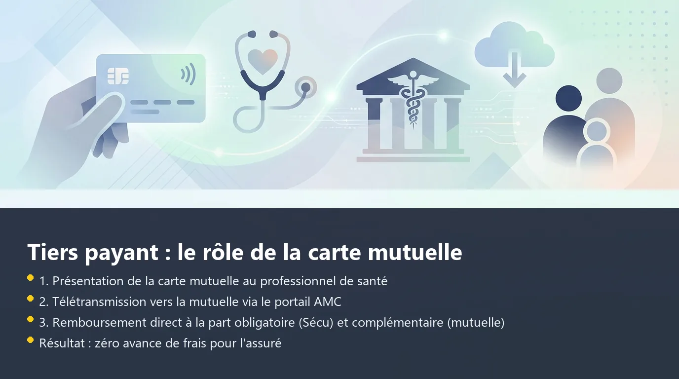 Schéma du fonctionnement du tiers payant avec la carte mutuelle chez un professionnel de santé