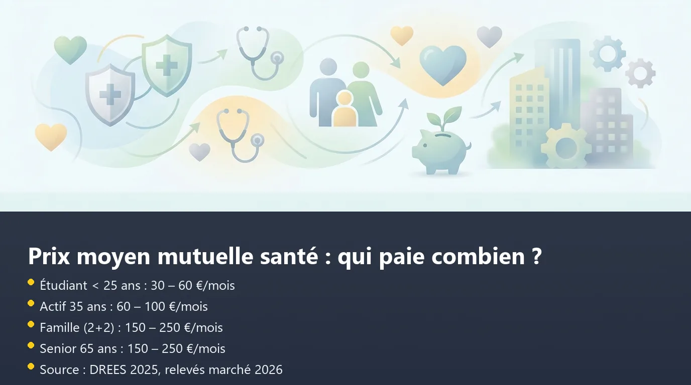 Infographie des fourchettes de prix mensuels d'une mutuelle santé par profil en 2026