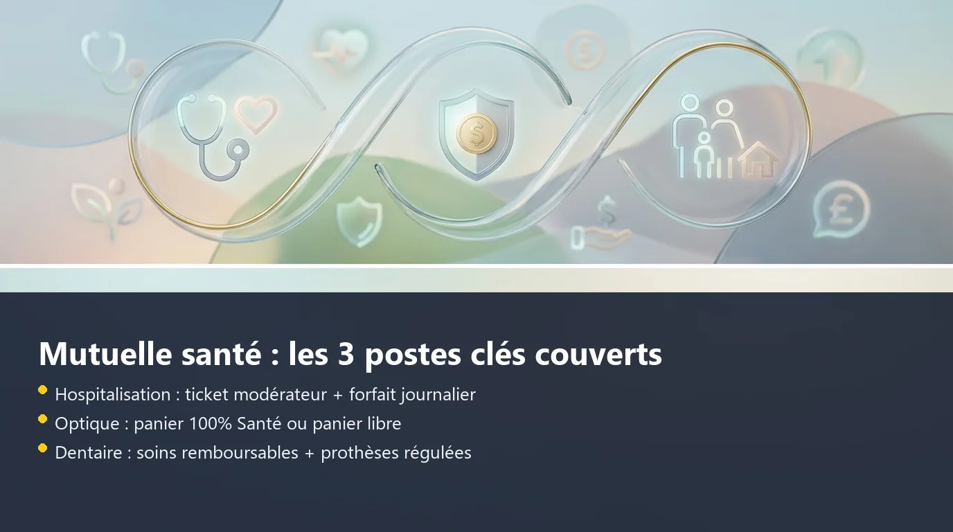 Infographie des trois postes de remboursement couverts par une mutuelle santé : hospitalisation, optique, dentaire