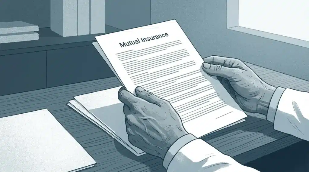 Professionnel de santé libéral consultant un document de mutuelle dans un cabinet médical sobre