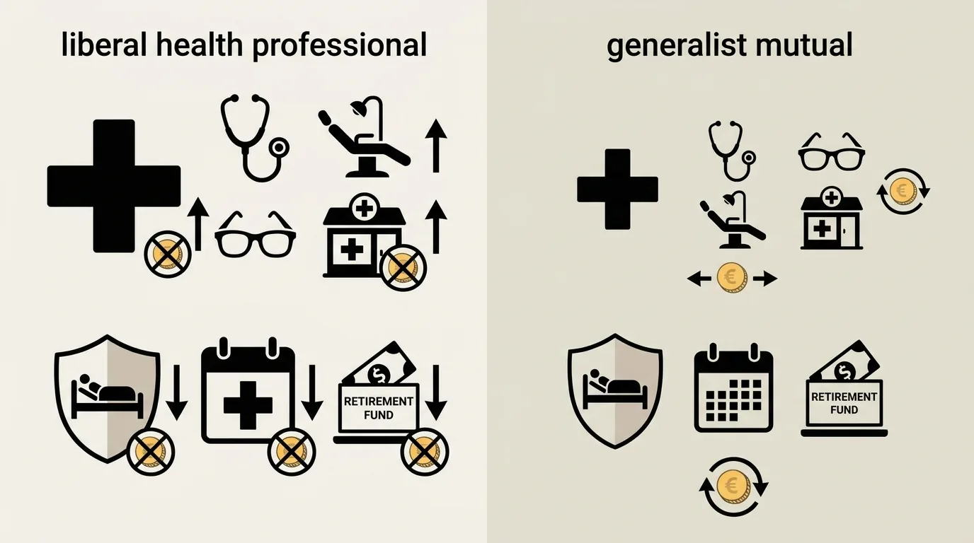 Schéma comparatif entre le profil d'un professionnel de santé libéral et une mutuelle généraliste sur les axes couverture santé et prévoyance