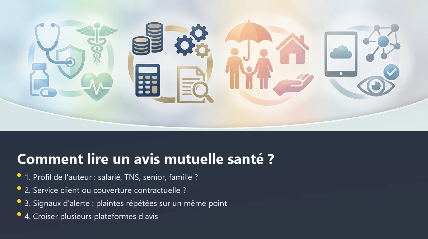 Infographie présentant les 4 axes d'évaluation pour lire un avis mutuelle santé