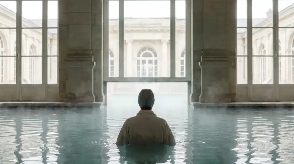 Curiste dans une piscine thermale avec établissement thermal en arrière-plan