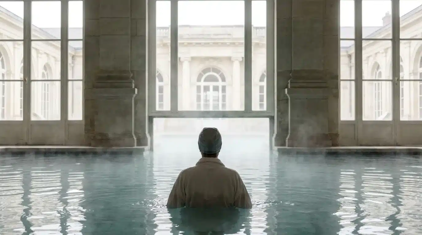 Curiste dans une piscine thermale avec établissement thermal en arrière-plan