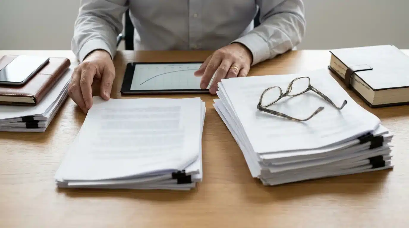 Homme d'âge mûr consultant des documents relatifs à son contrat de mutuelle santé