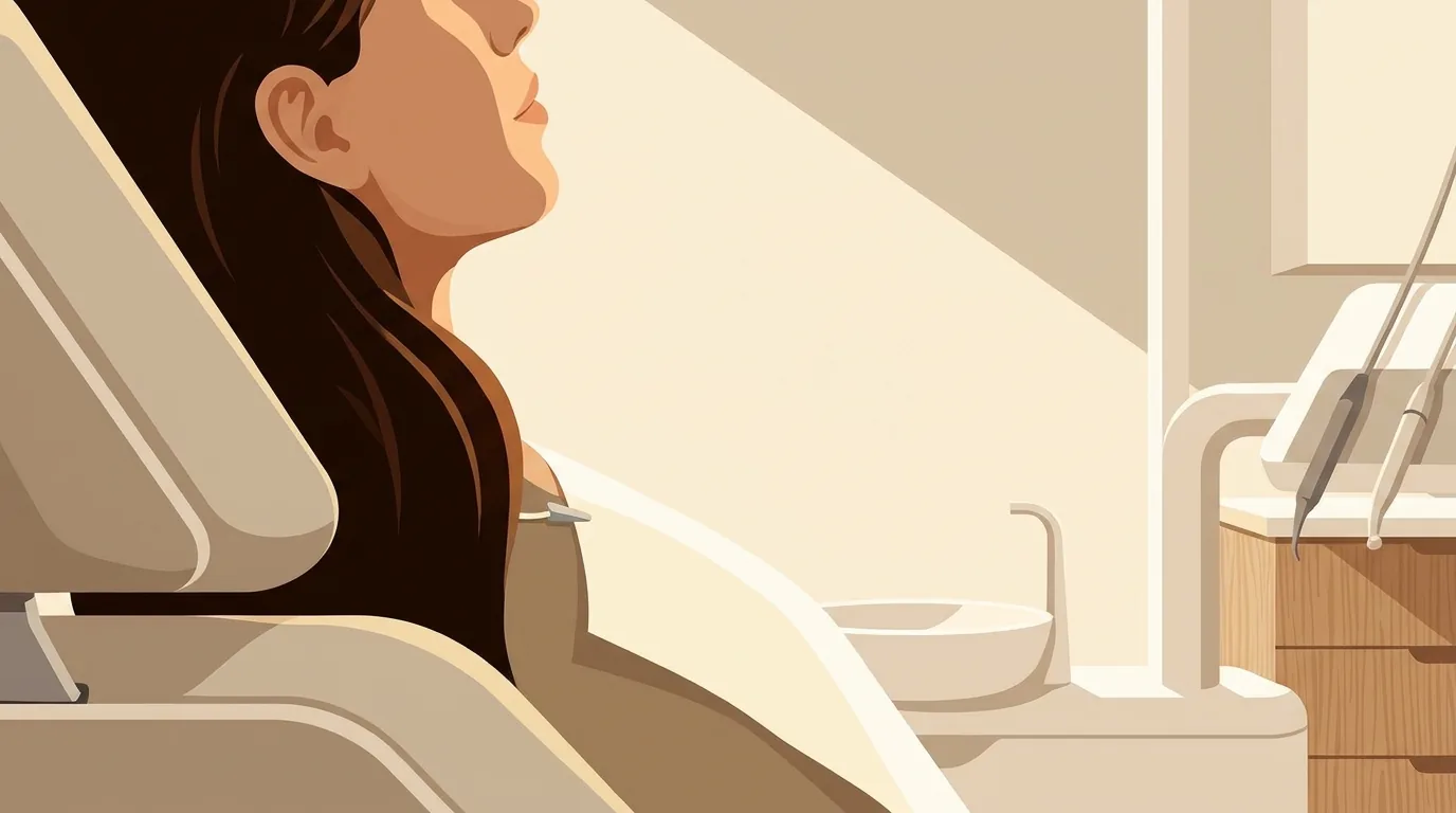 Patient dans un fauteuil de dentiste, ambiance lumineuse et sobre, cadre médical