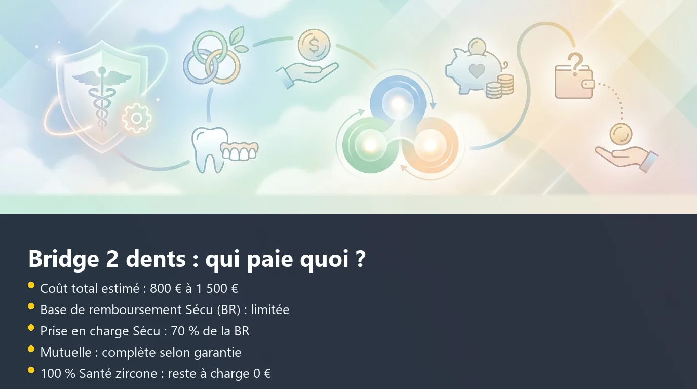 Infographie décomposant la prise en charge d'un bridge dentaire entre Sécurité sociale, mutuelle et reste à charge